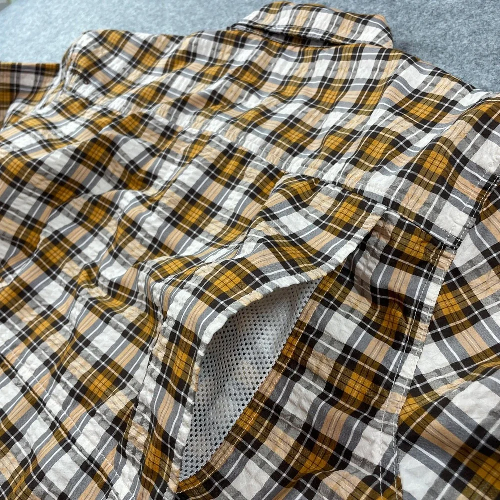 Orvis Mens Shirt L Plaid (Yellow, White, Brown, Gray) Plaid Long Sleeve